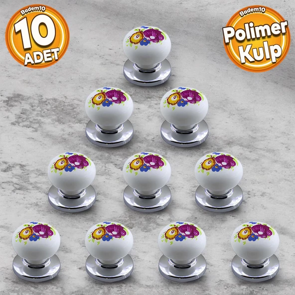 Polimer Kulp Düğme Çiçek Desenli Krom Tabla Mobilya Mutfak Dolabı Çekmece Dolap Kulpu Kulbu 10 ADET ürün görseli 1