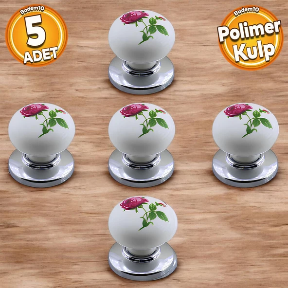 Polimer Düğme Kulp Gül Desenli Krom Tabla Mobilya Mutfak Dolabı Çekmece Dolap Kulpu Kulbu 5 ADET ürün görseli 1