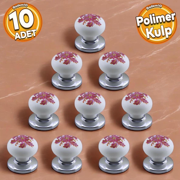 Polimer Kulp Düğme Pembe Çiçek Desenli Krom Tabla Mobilya Mutfak Dolabı Çekmece Kulpu Kulbu 10 ADET ürün görseli 1