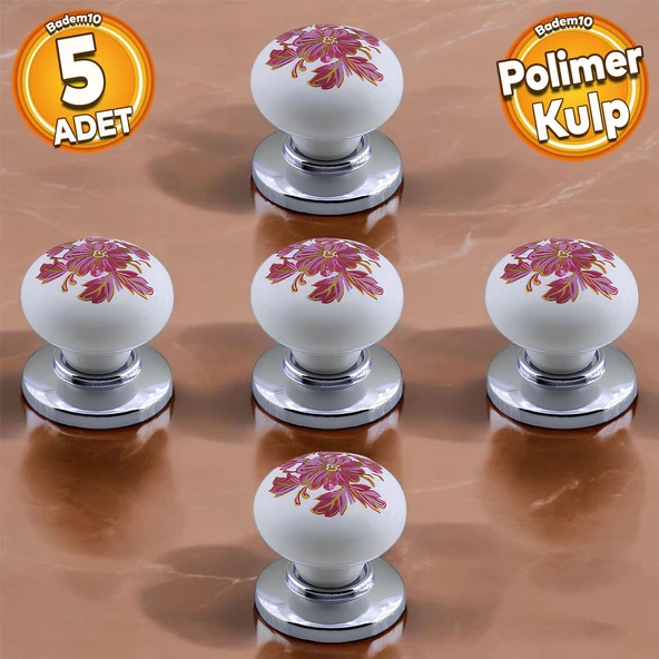 Polimer Kulp Düğme Pembe Çiçek Desenli Krom Tabla Mobilya Mutfak Dolabı Çekmece Kulpu Kulbu 5 ADET ürün görseli 1