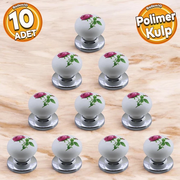 Polimer Düğme Kulp Gül Desenli Krom Tabla Mobilya Mutfak Dolabı Çekmece Dolap Kulpu Kulbu 10 ADET ürün görseli 1