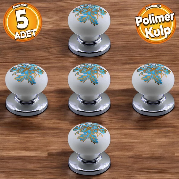 Polimer Kulp Düğme Mavi Çiçek Desenli Krom Tabla Mobilya Mutfak Dolabı Çekmece Kulpu Kulbu 5 ADET ürün görseli 1