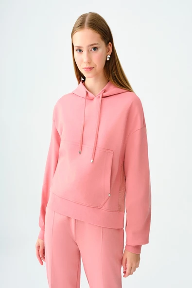 Loft 2038207 Gülpembe Kadın Kanguru Cepli Kapüşonlu İp Detaylı Sweat ürün görseli 1