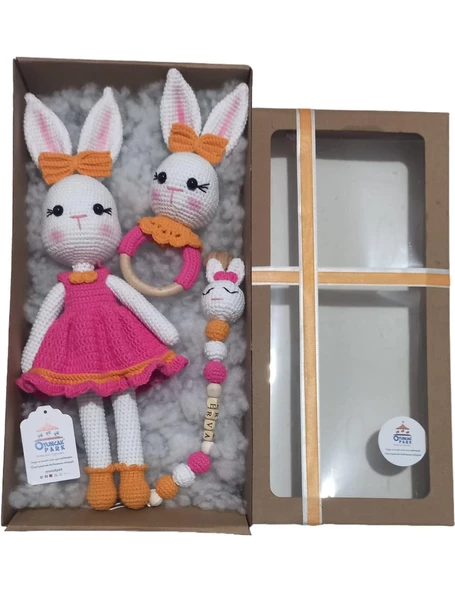 Bayan Tavşan Yeni Doğan Amigurumi Organik Oyuncak Takımı Hediye Seti ürün görseli 1