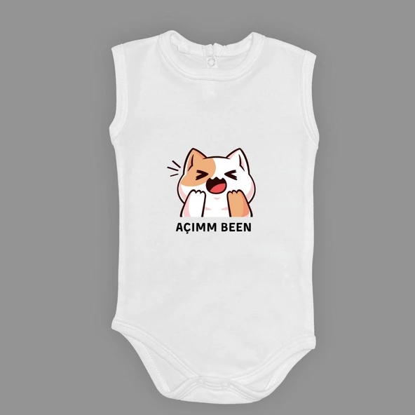 Açım Ben Kedi Baskılı Bebek Body Zıbın Çıtçıtlı Badi MNK0631 ürün görseli 1