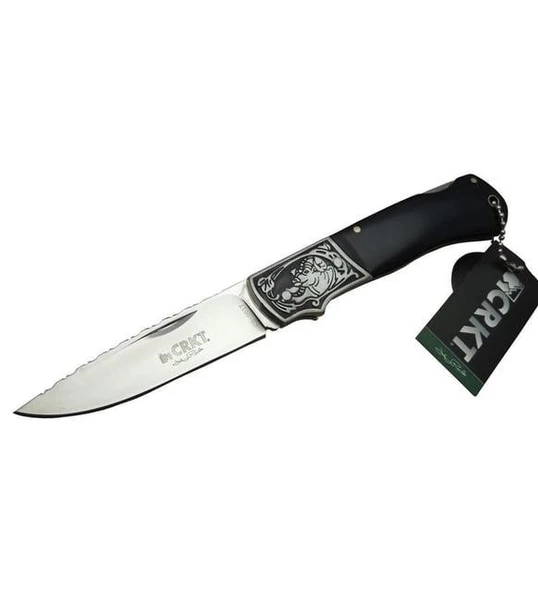 CRKT CR-0017 Gravürlü Siyah Ahşap Kabzalı Lock Back Avcı Çakısı- Kılıflı ürün görseli 1