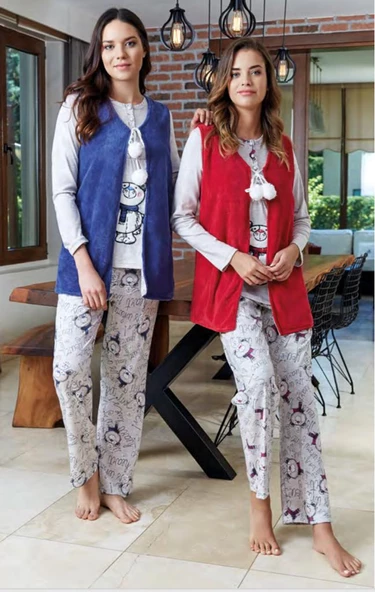 BONE CLUB 4612 KIRMIZI YELEKLİ SPOR HAMİLE LOHUSA 3 LÜ PİJAMA YELEK TAKIM ürün görseli 1