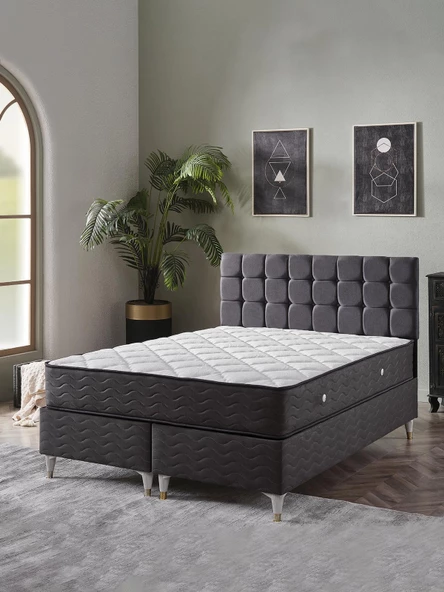 Beehanem 150x200 Bengü Çift Kişilik (BAZA+BAŞLIK+YATAK) 3 Lü SET (JERRY ANTRASİT) ürün görseli 1