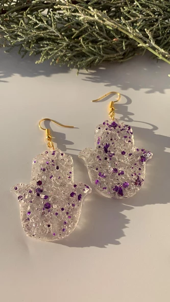Epoksi İçine Mor Glitter Süs Tırtıklı Kristal Desen Fatma Ana Eli Küpe Gold Aksesuar El Yapımı ürün görseli 1