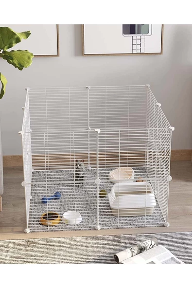 hodbehod 16 Panel Beyaz Renk Hayvan Oyun Kafesi Portatif Modüler Kedi Köpek Kuş Evi Kafesi ürün görseli 1