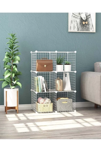 hodbehod 6 Bölmeli Beyaz Portatif Çok Amaçlı Metal Tel Dolap Raf Kitaplık Organizer ürün görseli 1
