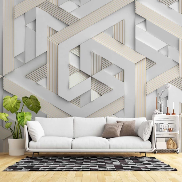 3 Boyutlu Geometrik Üçgen Kabartma Görünümlü Duvar Kağıdı Baskı ürün görseli 1