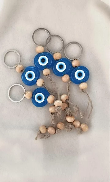 Nazar Boncuk Şeffaf Mavi Anahtarlık 5 Adet Kötü Göz Kovucu Ahşap Boncuklu Nazar Hand Made Hasır Nazarlı Anahtarlık ürün görseli 1