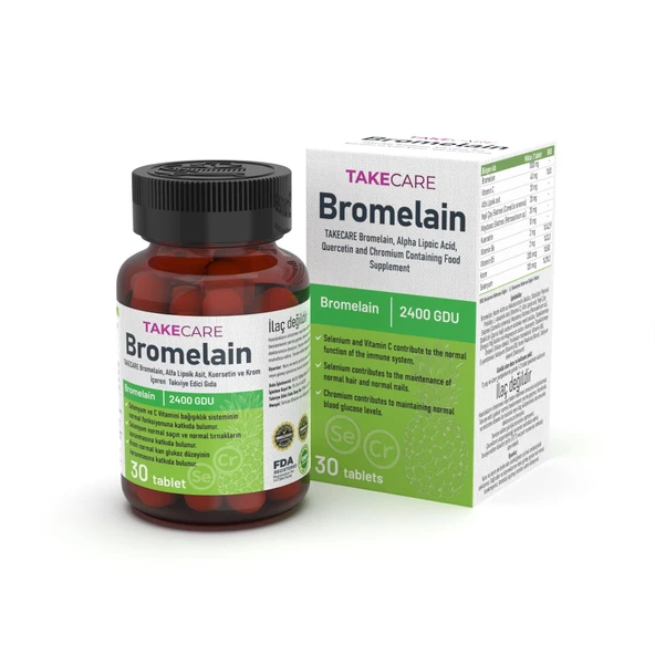 TAKECARE Bromelain, Alfa Lipoik Asit, Kuersetin ve Krom İçeren Takviye Edici Gıda 30 Tablet ürün görseli 1