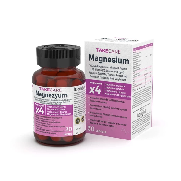 TAKECARE Magnezyum, Vitamin D, Vitamin B6, Vitamin B12, Doğası DeğiştirilmemişTip 2 Kollajen, Kuersetin, Zerdeçal Ekstresi ve Bromelain İçeren Takviye Edici Gıda 30 Tablet ürün görseli 1