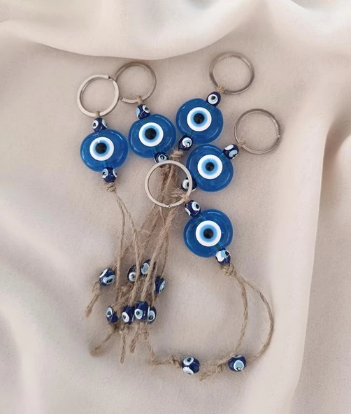 Nazar Boncuk Şeffaf Mavi Anahtarlık 5 Adet Kötü Göz Kovucu Ahşap Boncuklu Nazar Hand Made Hasır Nazarlı Anahtarlık ürün görseli 1