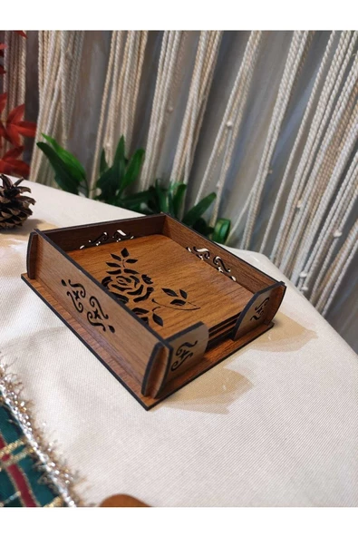 Ahşap Gül Desenli Bardak Altlık - Resim 2