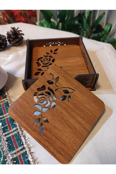 Ahşap Gül Desenli Bardak Altlık ürün görseli 1