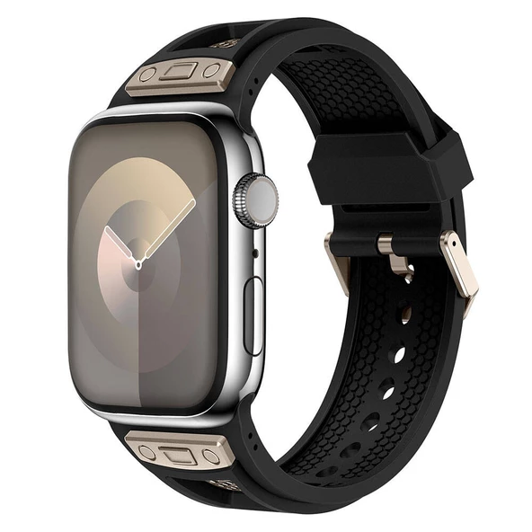 Apple Watch 1 2 3 4 5 6 7 8 9 Se Ultra 49/45/44/42 mm KRD-117 Hava Alabilen Delikli Metal Süslemeli Desenli Silikon Kordon ürün görseli 1
