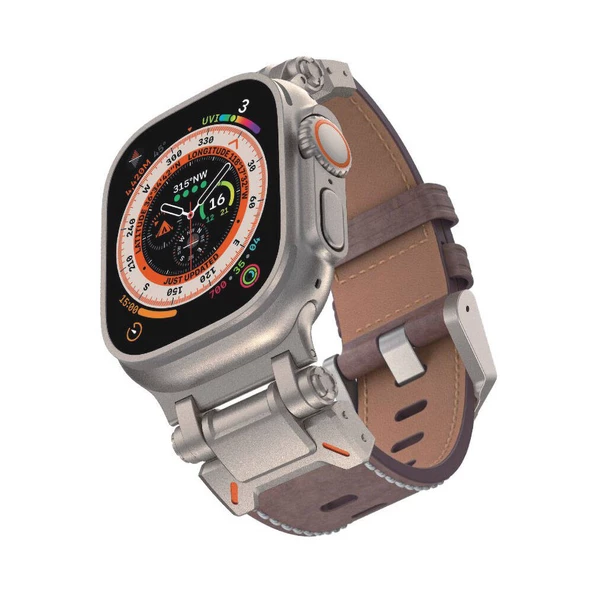 Apple Watch 1 2 3 4 5 6 7 8 9 Se Ultra 49/45/44/42 mm KRD-114 Metal Başlıklı Suni Deri Kordon ürün görseli 1