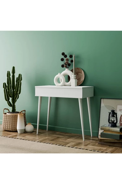 Mezza 2220 FLORA DÜŞER KAPAKLI AYNALI (AHŞAP AYAKLI) 80 CM MAKYAJ MASASI DRESUAR ÇALIŞMA MASASI BEYAZ ürün görseli 1