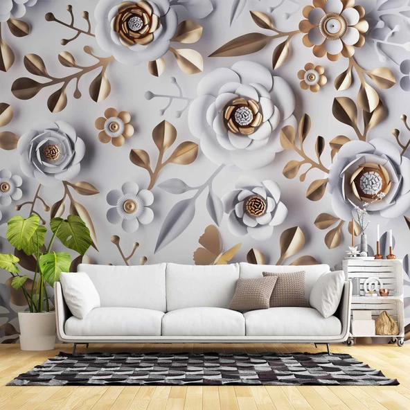 3 Boyutlu Gold-Beyaz Çiçek ve Yaprak Desenli Modern Duvar Kağıdı Baskı ürün görseli 1