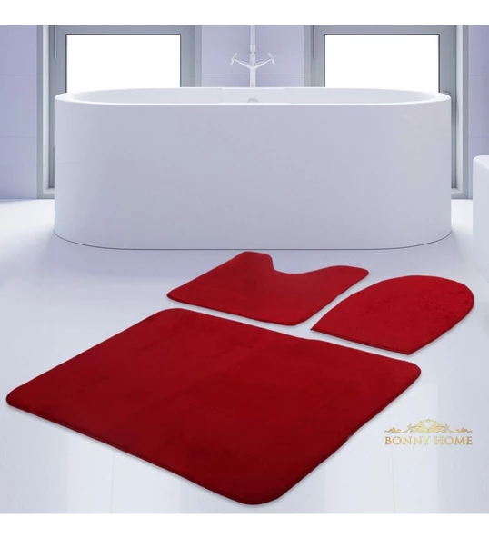Bonny Home Unicolor Düz Kırmızı 3lü Banyo Paspası Halısı Seti Kaymaz Klozet Takımı ürün görseli 1
