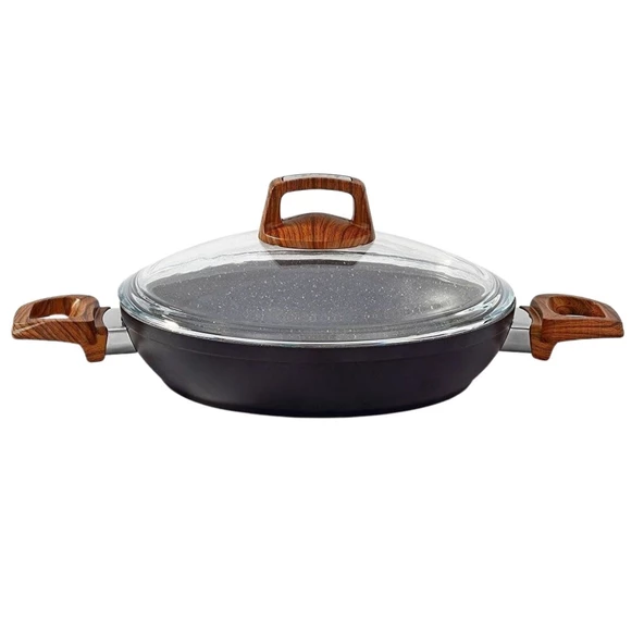 Bonera 20 Cm Ahşap Desenli Bakalit Kulplu Cam Kapaklı Vogue Granit Omlet Tava Grnt 1051 ürün görseli 1