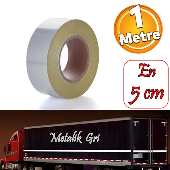 Düz Desensiz Metalize Gri Renk Reflektörlü Bant Gece Parlayan En 5 cm 1 Mt İkaz Bandı Reflektif ürün görseli 1