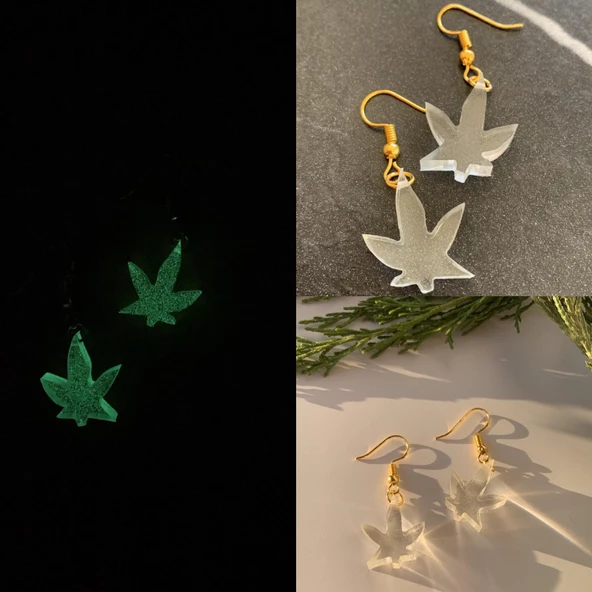 Fosforlu Neon Şeffaf Yeşil Renk Gold Aksesuarlı Küçük Asma Yaprağı Şekilli Epoksi Küpe Ypr1 ürün görseli 1
