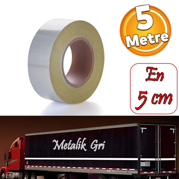 Düz Desensiz Metalize Gri Renk Reflektörlü Bant Gece Parlayan En 5 cm 5 Mt İkaz Bandı Reflektif ürün görseli 1