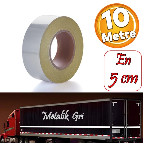 Düz Desensiz Metalize Gri Renk Reflektörlü Bant Gece Parlayan En 5 cm 10 Metre İkaz Bandı Reflektif ürün görseli 1
