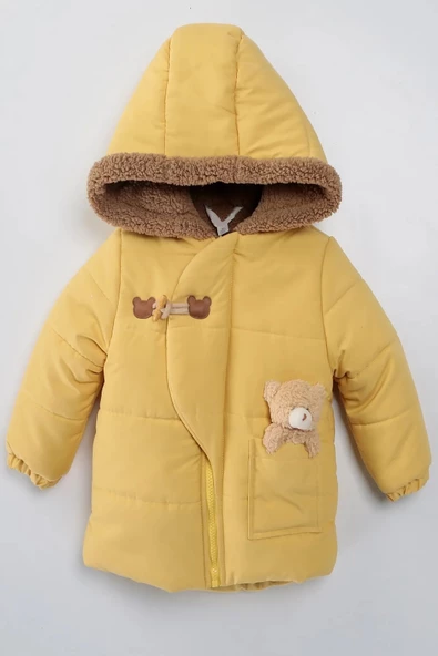 Ayıcıklı İçi Peluş Kürklü Fermuarlı Cepli Kapüşonlu Soft Kar Kışlık Kız Erkek Bebek Mont Çocuk Kaban ürün görseli 1