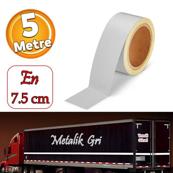 Düz Desensiz En 7.5 cm 5 Mt İkaz Bandı Reflektif Metalize Gri Renk Gece Parlayan Reflektörlü Bant ürün görseli 1