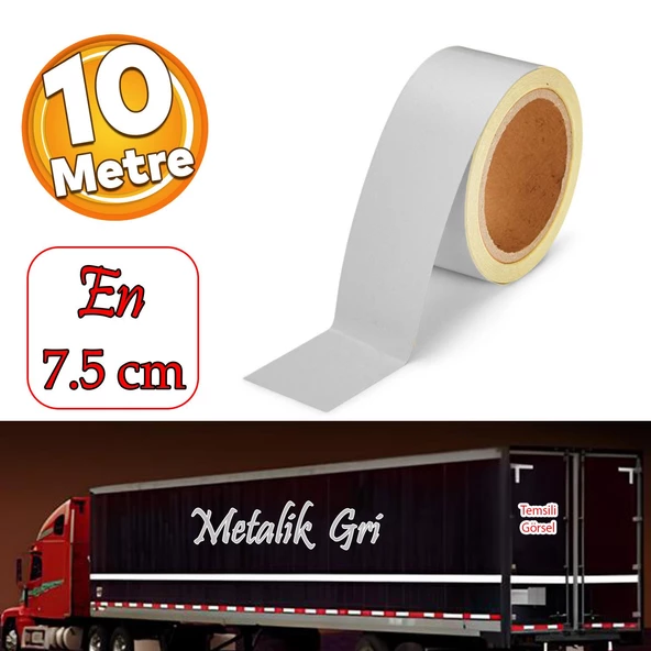 Düz Desensiz En 7.5 cm 10 Mt İkaz Bandı Reflektif Metalize Gri Renk Gece Parlayan Reflektörlü Bant ürün görseli 1