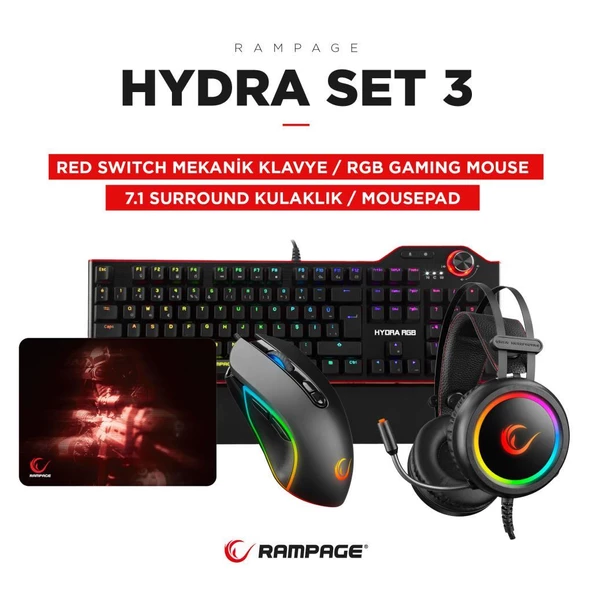 Rampage Hydra R6 Siyah RED Switch Stormy Siyah Kulaklık  Makrolu RGB Mouse + Mousepad 4lü OYUNCU SETİ ürün görseli 1