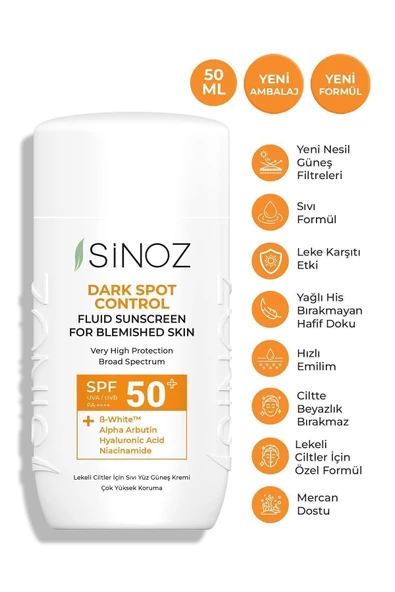 SİNOZ Spf50 Koyu Cilt Lekelerine Etkili Sıvı Yüz Güneş Kremi - Yeni Nesil Güneş Filtreleri Hibrit Formül ürün görseli 1