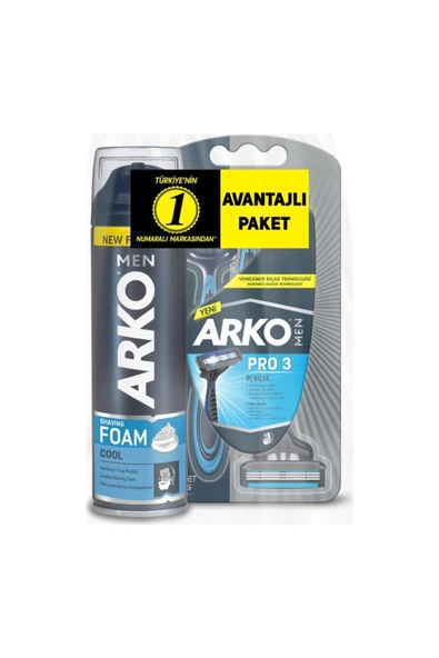 ARKO Men T3 Pro 3 Bıçaklı Tıraş Bıçağı 3'lü & Cool Tıraş Köpüğü 200 Ml Avantaj Paketi ürün görseli 1