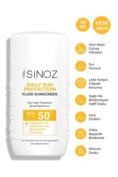 SİNOZ Spf50 Günlük Kullanım Sıvı Yüz Güneş Kremi - Yeni Nesil Güneş Filtreleri Ile Hibrit Formül 50ml ürün görseli 1