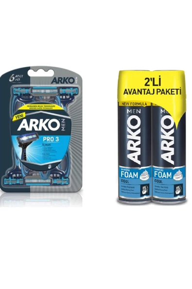 ARKO Men Pro 3 Bıçaklı Tıraş Bıçağı 6'lı + Men Men Tıraş Köpüğü Cool 200 Ml X 2 ürün görseli 1