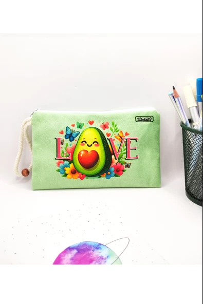 Love Avokado Çiçekli Desenli Kalem Kutusu Yıkanabilir Bez Kalemlik ürün görseli 1