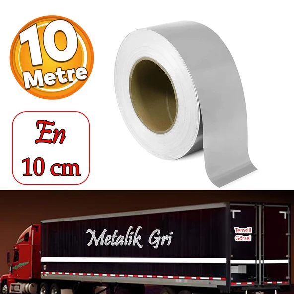 Düz Desensiz En 10 cm 10 Mt İkaz Bandı Reflektif Metalize Gri Renk Gece Parlayan Reflektörlü Bant ürün görseli 1