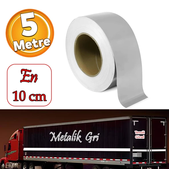 Düz Desensiz En 10 cm 5 Mt İkaz Bandı Reflektif Metalize Gri Renk Gece Parlayan Reflektörlü Bant ürün görseli 1