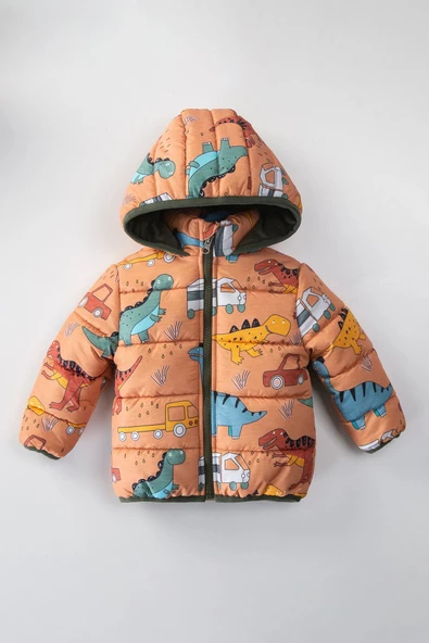 Trend Kamyonet & Dinozor Desenli İçi Polar Astarlı Kapüşonlu Kışlık İçi Peluş Erkek Bebek Mont Şişme ürün görseli 1