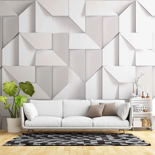 3 Boyutlu Beyaz Geometrik Kabartma Görünümlü Duvar Kağıdı Baskı ürün görseli 1