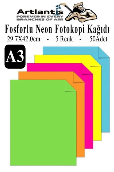 Neon Fosforlu Renkli A3 Fotokopi Kağıdı 50 li 1 Paket 50 Adet Fosforlu 5 Renk Parlak Canlı Renkler Fotokopi Kağıdı ürün görseli 1
