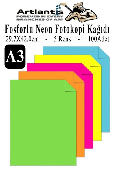 Neon Fosforlu Renkli A3 Fotokopi Kağıdı 100 lü 1 Paket 100 Adet Fosforlu 5 Renk Parlak Canlı Renkler Fotokopi Kağıdı ürün görseli 1