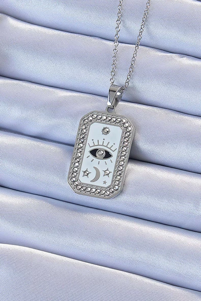 316L Çelik Zincir Gümüş Renk Mineli Zirkon Taşlı Göz Figür Tarot Kolye TJ-BKO9214 ürün görseli 1