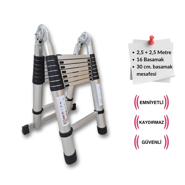 Endokon 250 + 250 cm. - 8+8  Basamaklı Teleskopik Merdiven - A Tipi Uzayan Merdiven ürün görseli 1