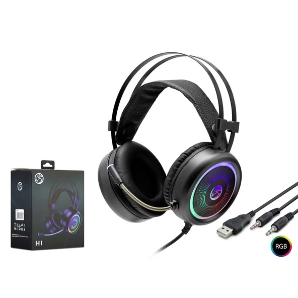 Hadron H1 RGB Ledli Mikrofonlu 2x3.5mm AUX 2mt Kablolu Kulaküstü Oyuncu Kulaklığı - Siyah ürün görseli 1